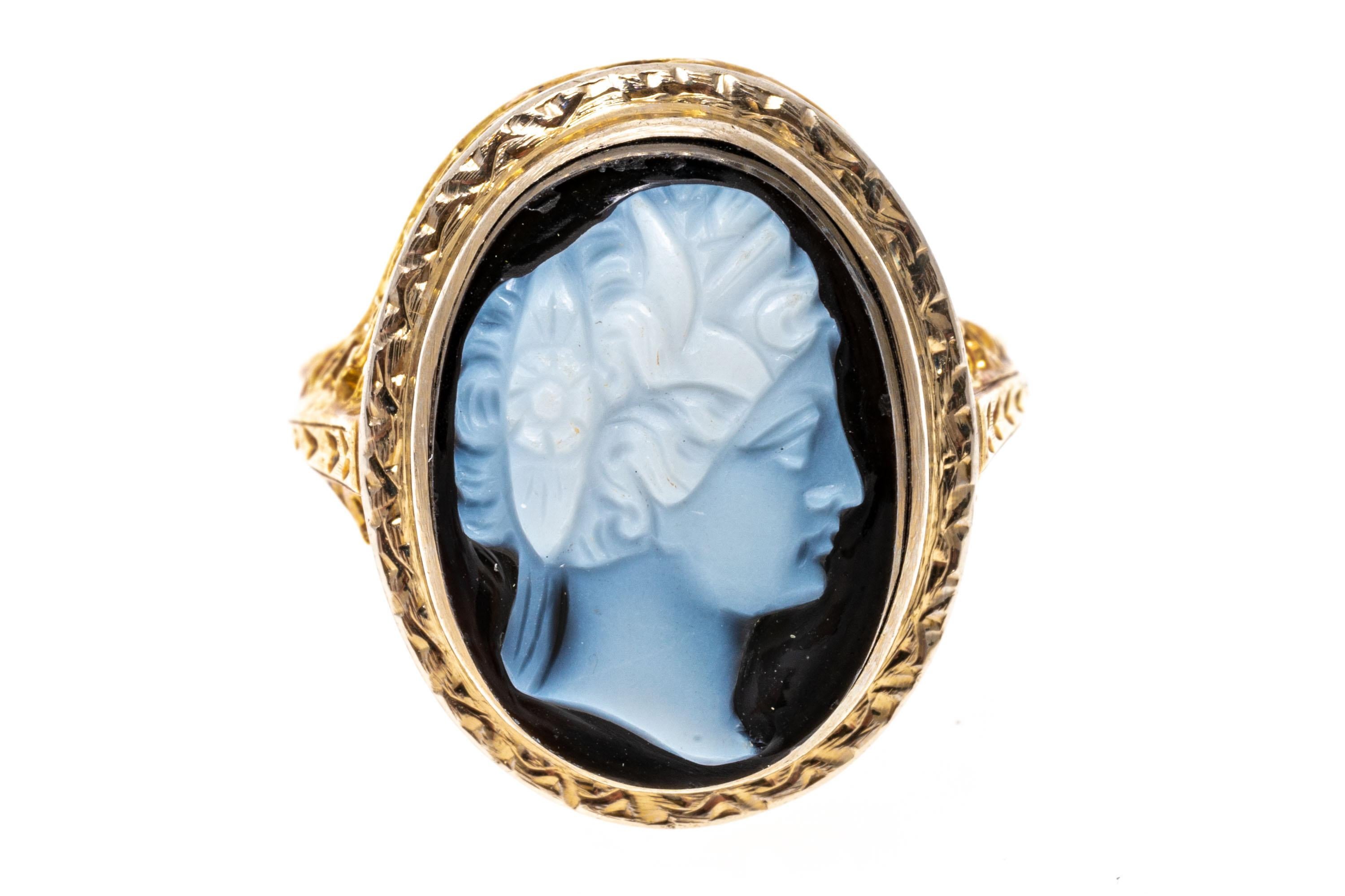14k Vintage Schwarzer und weißer filigraner Chalcedon-Ring mit Kamee im Zustand „Gut“ im Angebot in Southport, CT