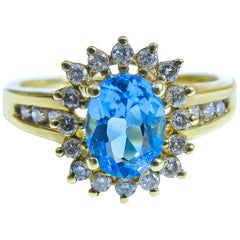 14 Karat Vintage Blue Topaz and Diamond Ladies Ring