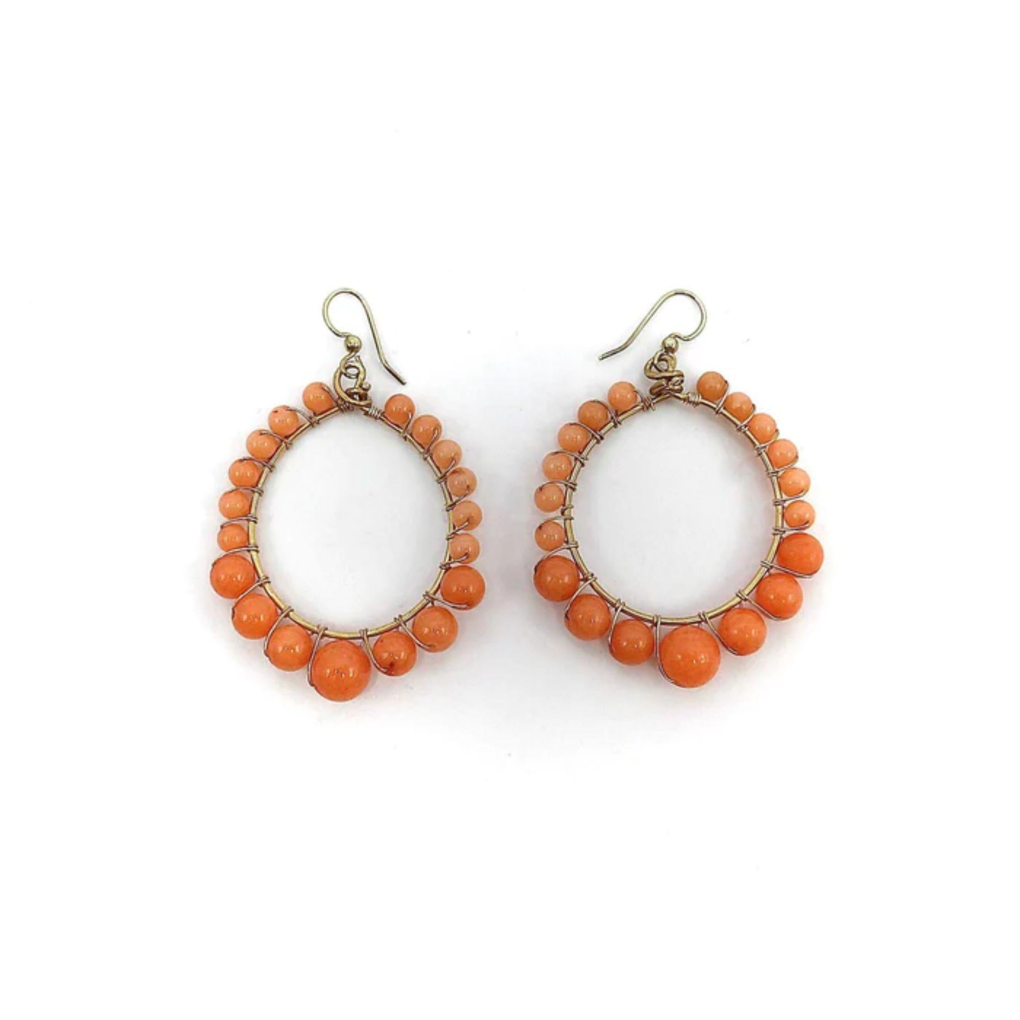 Modern 14K Vintage Coral Colored Glass Hoop Earrings For Sale