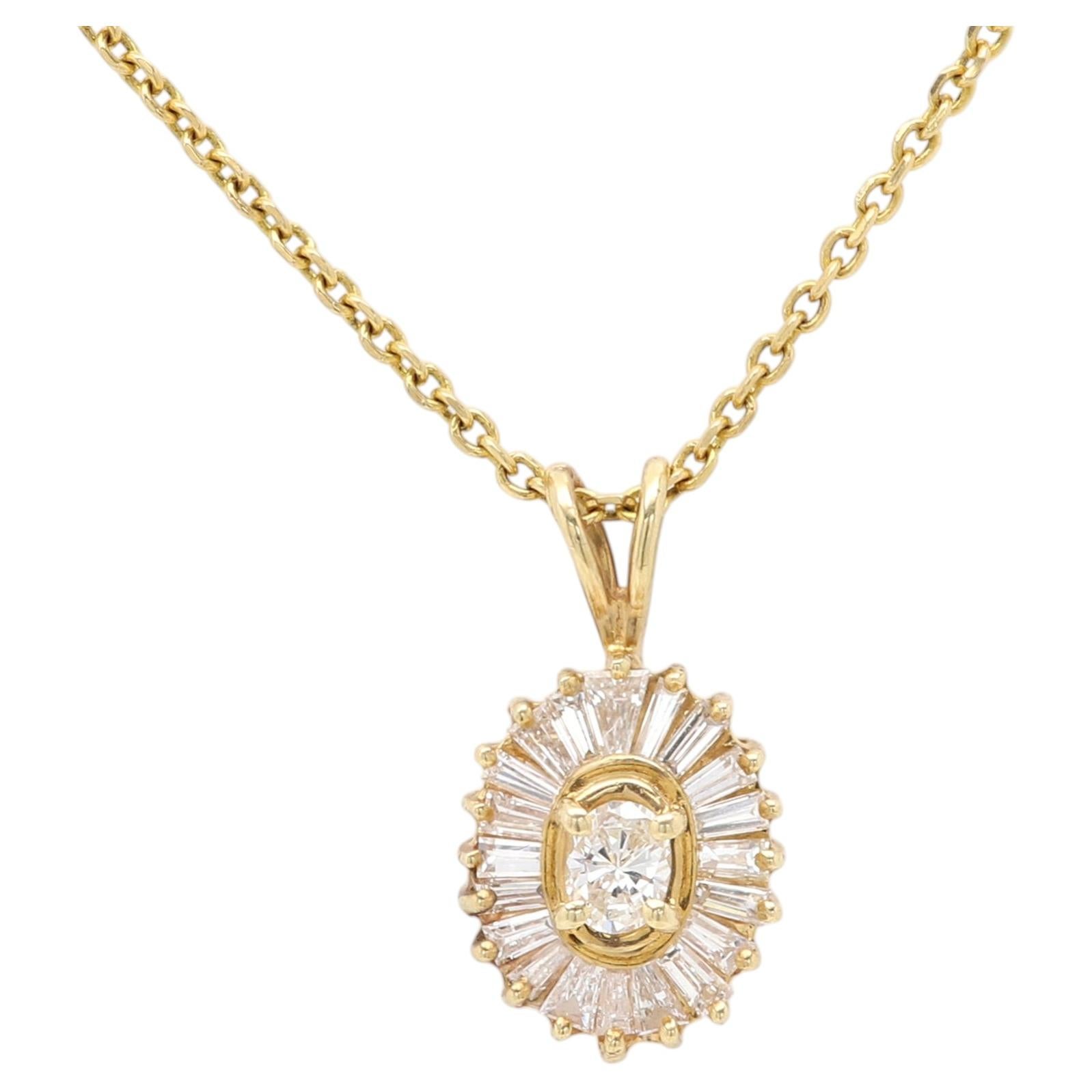 14k Vintage Diamond Pendant Oval and Baguette Natural Diamonds Solid Gold For Sale