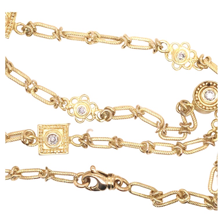 14K Vintage Diamond Station Chain Necklace Yellow Gold For Sale at 1stDibs
