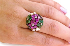 14 Karat Vintage Emerald, Ruby, Sapphire and Pearl Ladies Ring