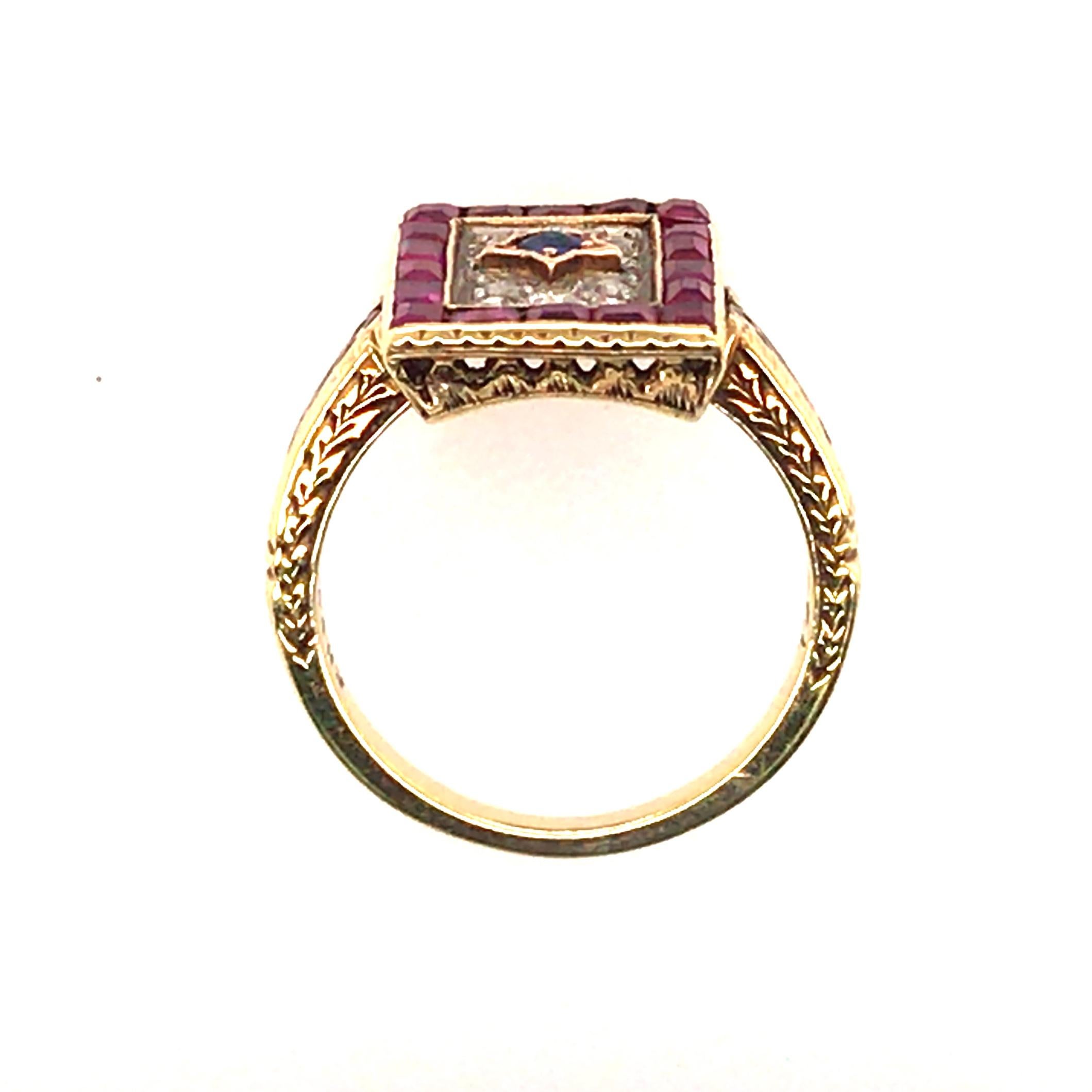 Round Cut 14K Vintage Red, White and Blue, Ruby, Diamond and Sapphire Ring in Yellow Gold