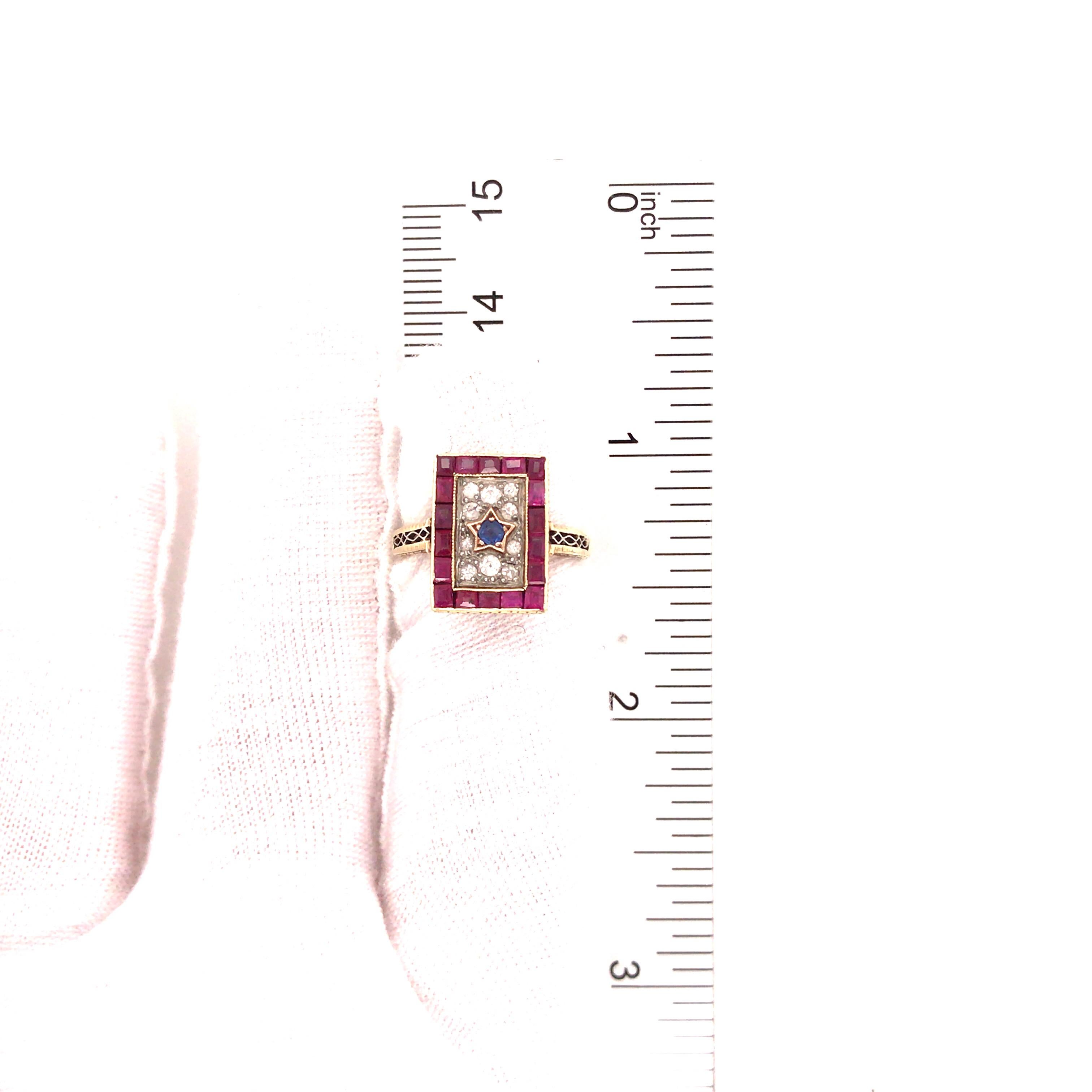 Women's 14K Vintage Red, White and Blue, Ruby, Diamond and Sapphire Ring in Yellow Gold