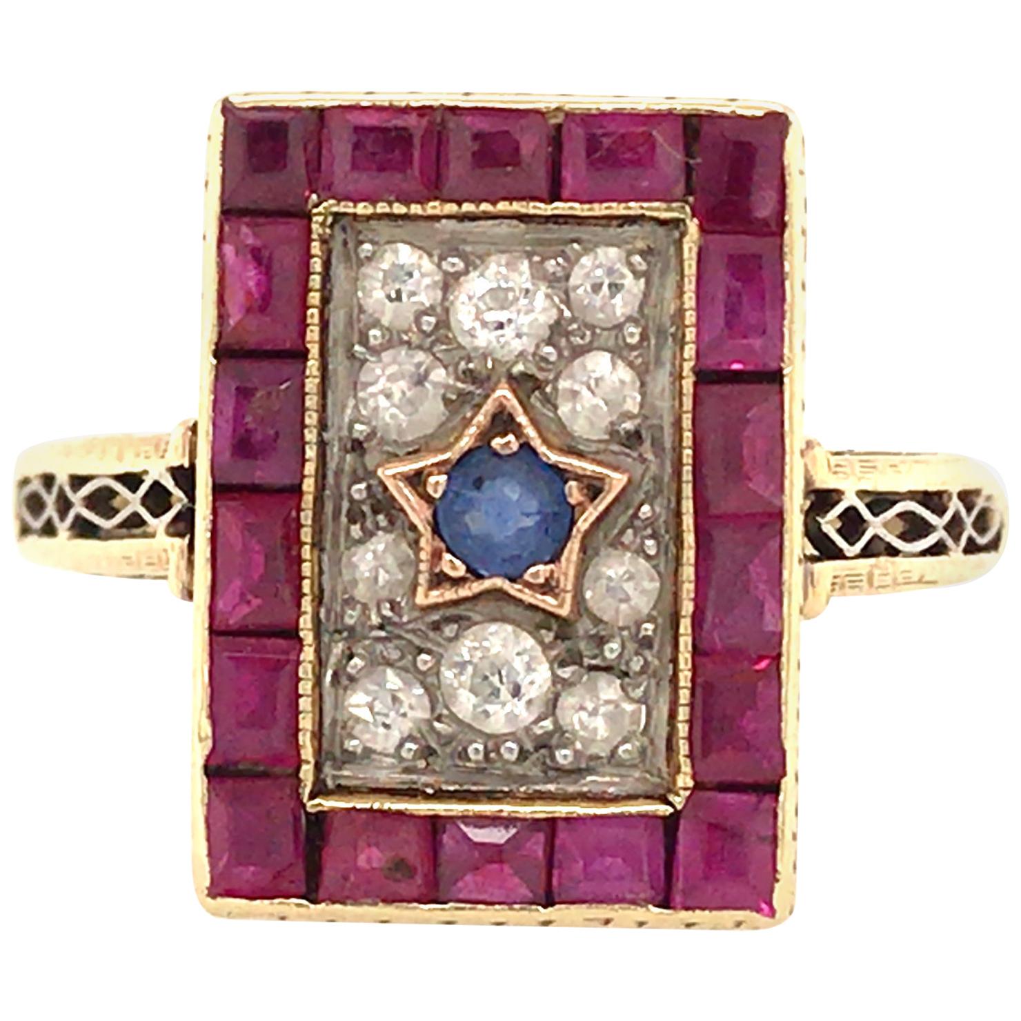 14K Vintage Red, White and Blue, Ruby, Diamond and Sapphire Ring in Yellow Gold