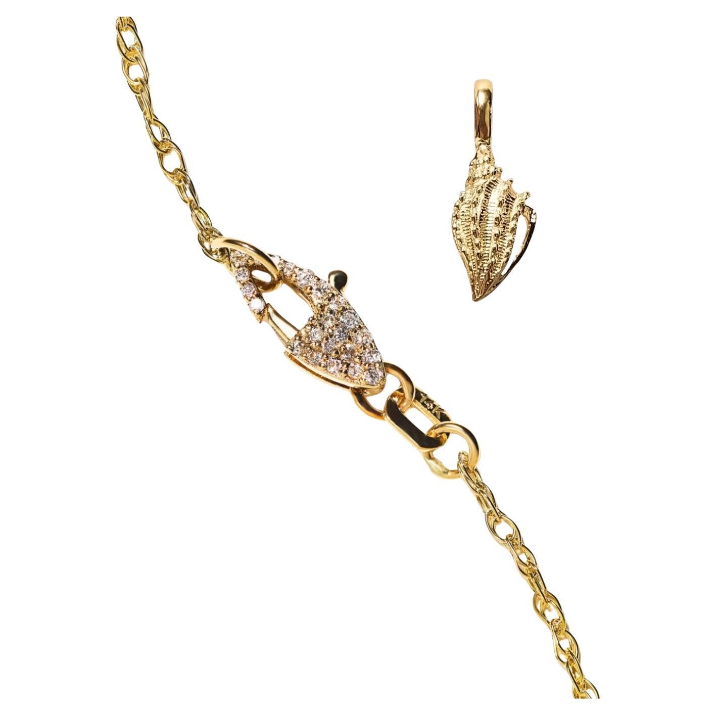 14k Shell Pendant on Overlapping Chain with Custom Diamond Clasp For Sale