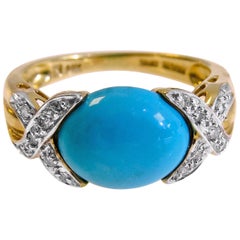 14 Karat Vintage Turquoise and Diamond Ladies Ring