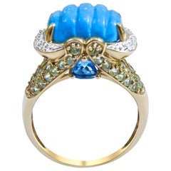14 Karat Vintage Turquoise, Lemon Citrin, Blue Topaz and Diamond Ladies Ring