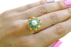 14 Karat Vintage Turquoise and Pearl Ladies Ring