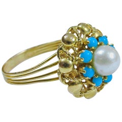 14 Karat Retro Turquoise and Pearl Ladies Ring