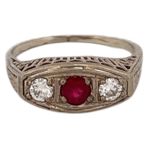 14K Vintage White Gold Ruby and Diamond Ring with Filigree