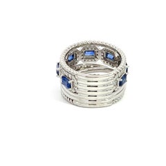 14k W Gold Diamond Ring with 7 Emerald Cut Blue Sapphires, 1.42CT D, 2.09CT SAP