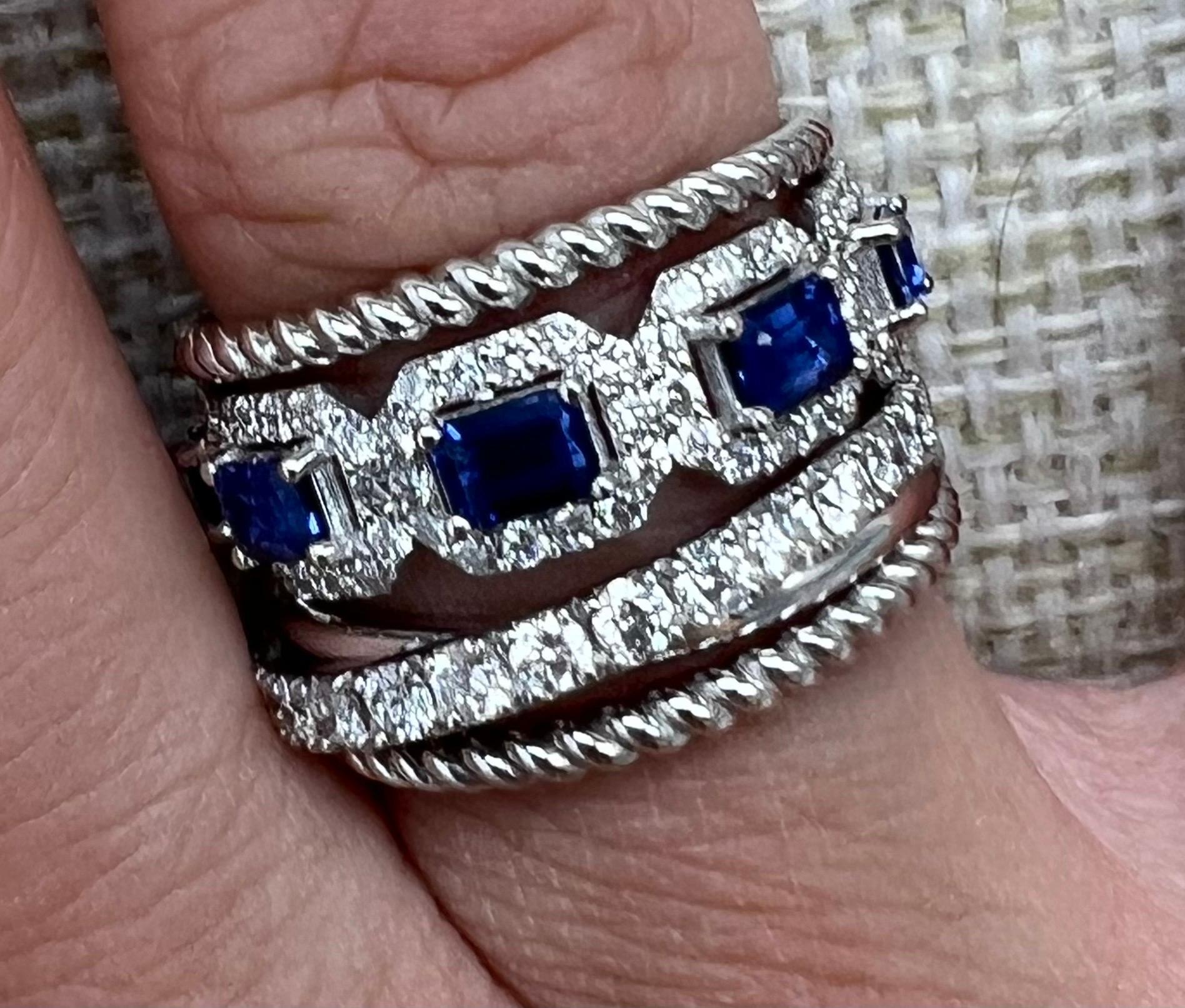 14k W Gold Diamond Ring with 7 Emerald Cut Blue Sapphires, 1.42CT D, 2.09CT SAP In New Condition For Sale In Great Neck, NY