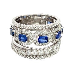 Anillo de diamantes de oro de 14k W con 7 zafiros azules talla esmeralda, 1,42CT D, 2,09CT SAP