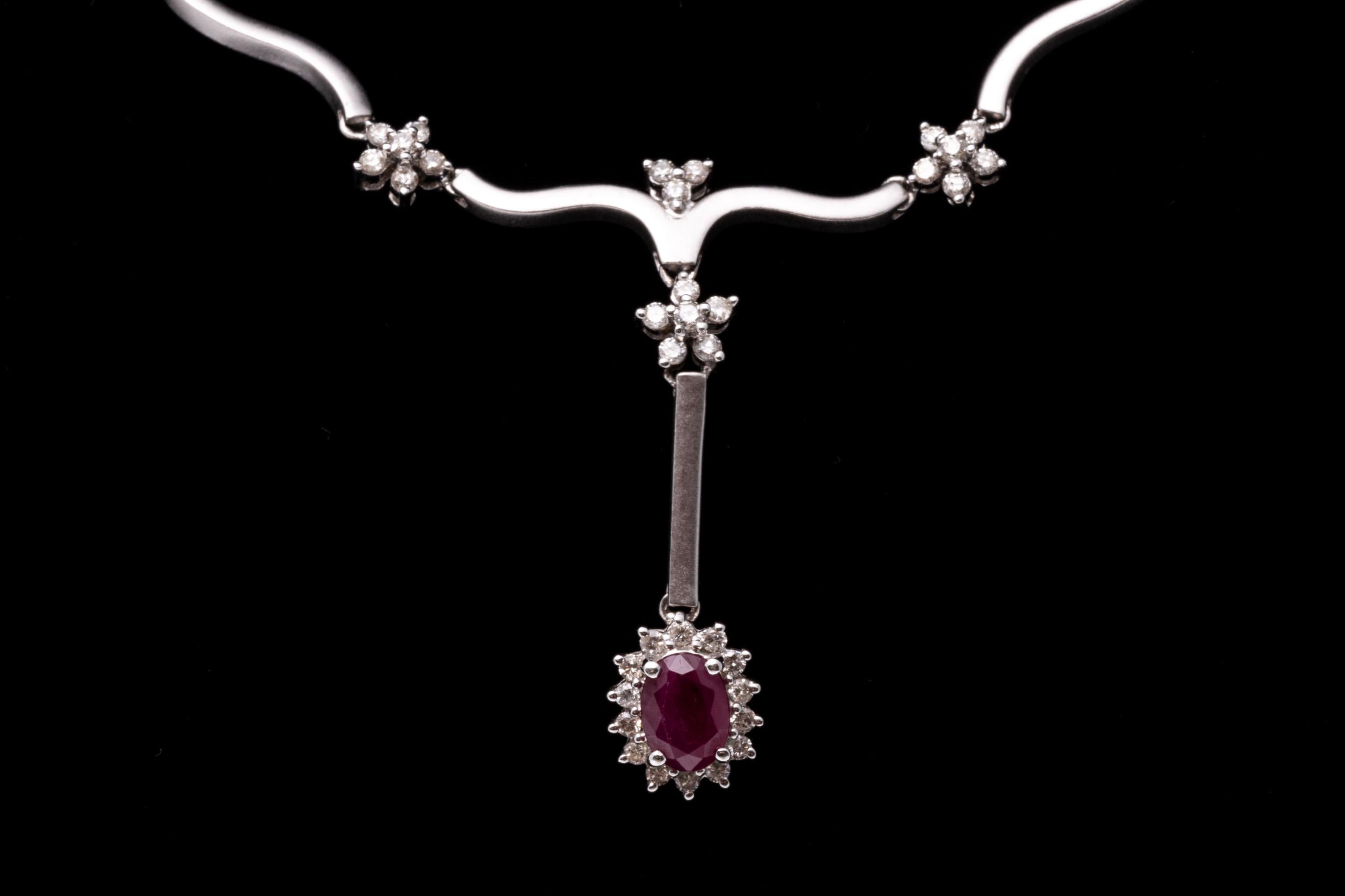 14k Wavy Link Necklace With Diamonds And A Drop Ruby Cluster For Sale 4