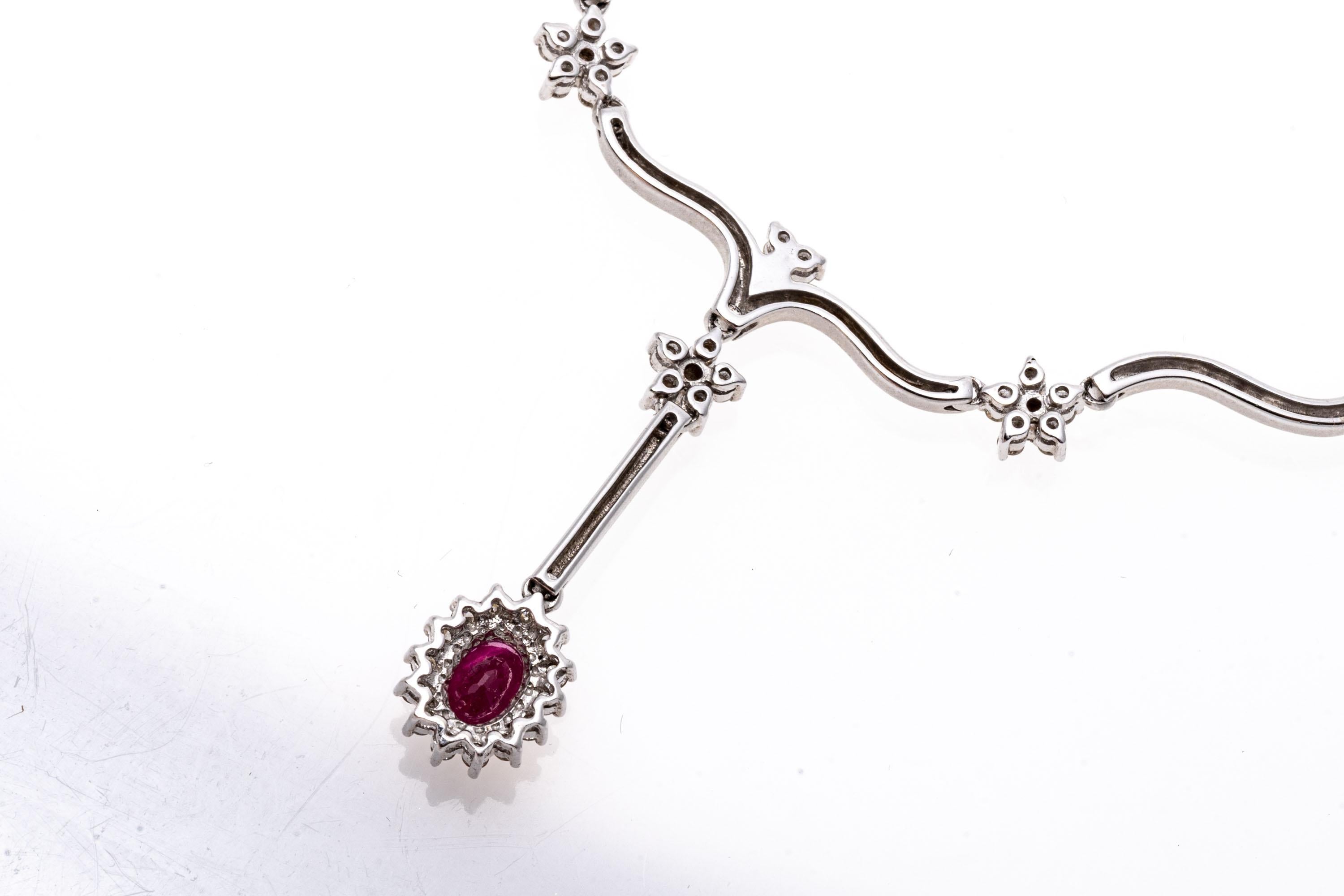 Retro 14k Wavy Link Necklace With Diamonds And A Drop Ruby Cluster For Sale
