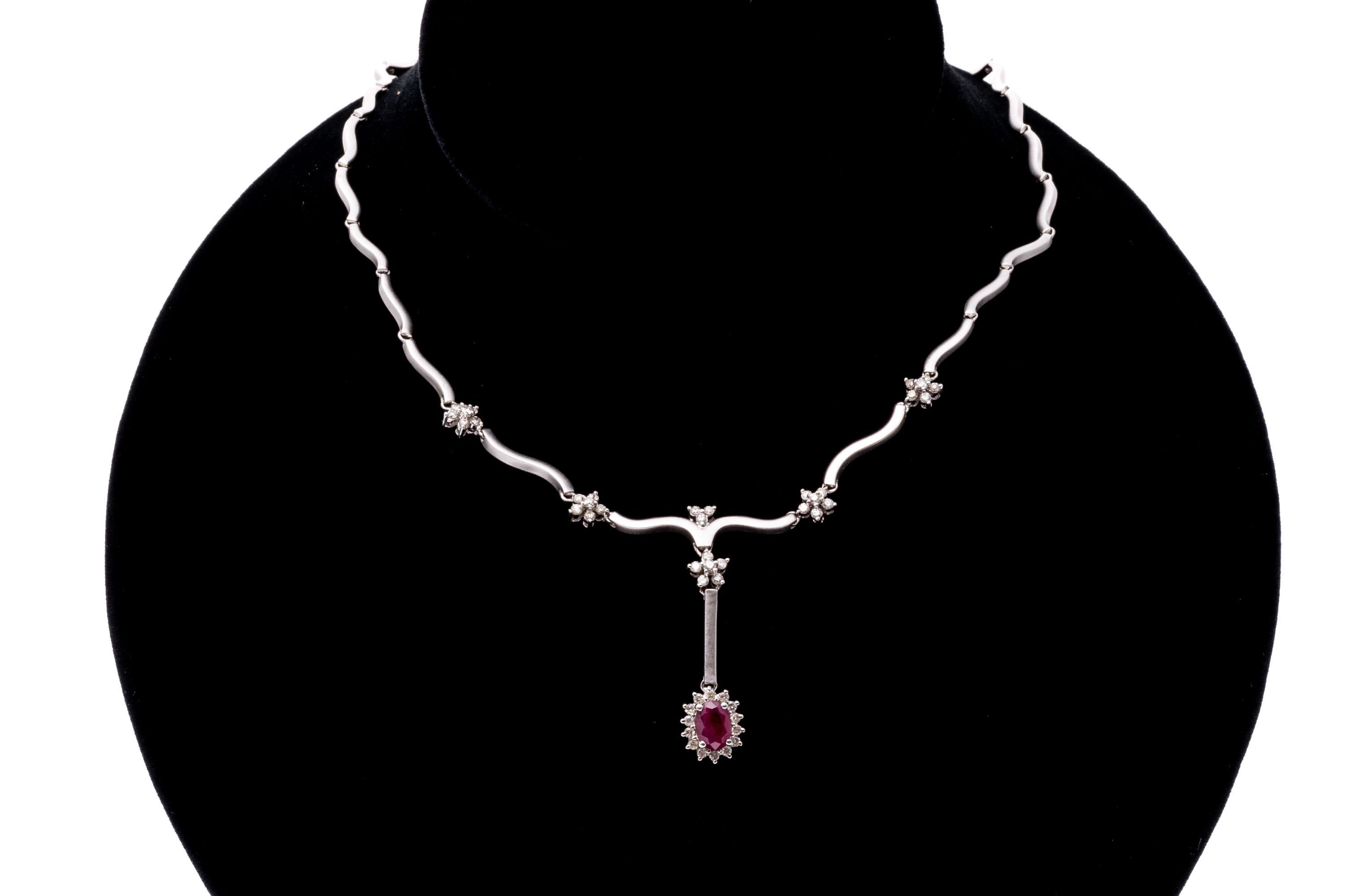 14k Wavy Link Necklace With Diamonds And A Drop Ruby Cluster For Sale 1