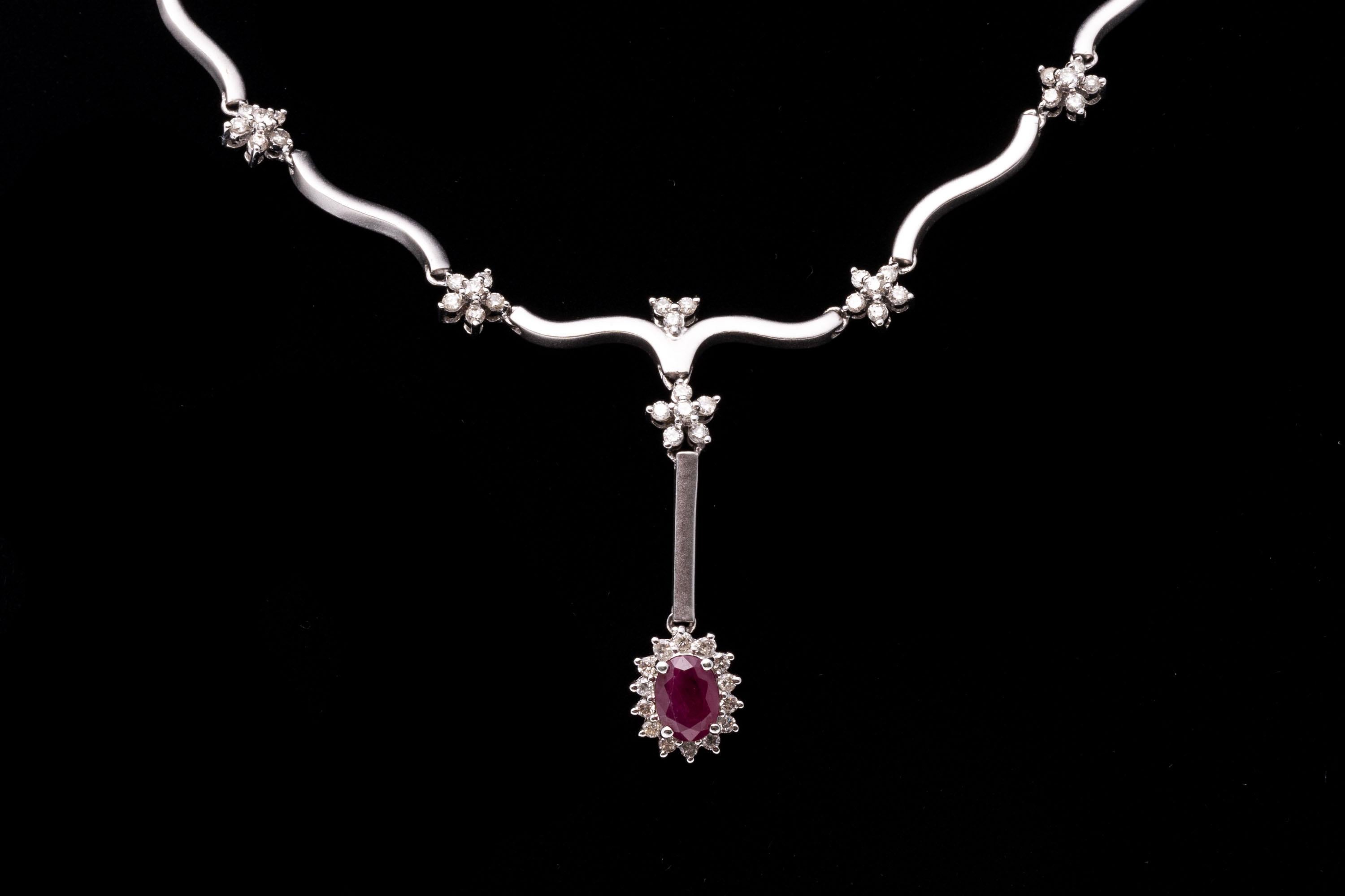 14k Wavy Link Necklace With Diamonds And A Drop Ruby Cluster For Sale 2