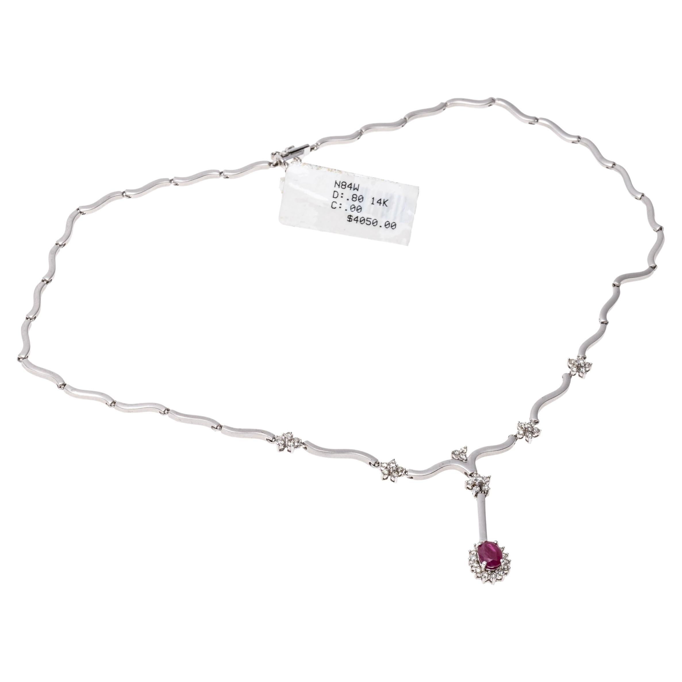 14k Wavy Link Necklace With Diamonds And A Drop Ruby Cluster