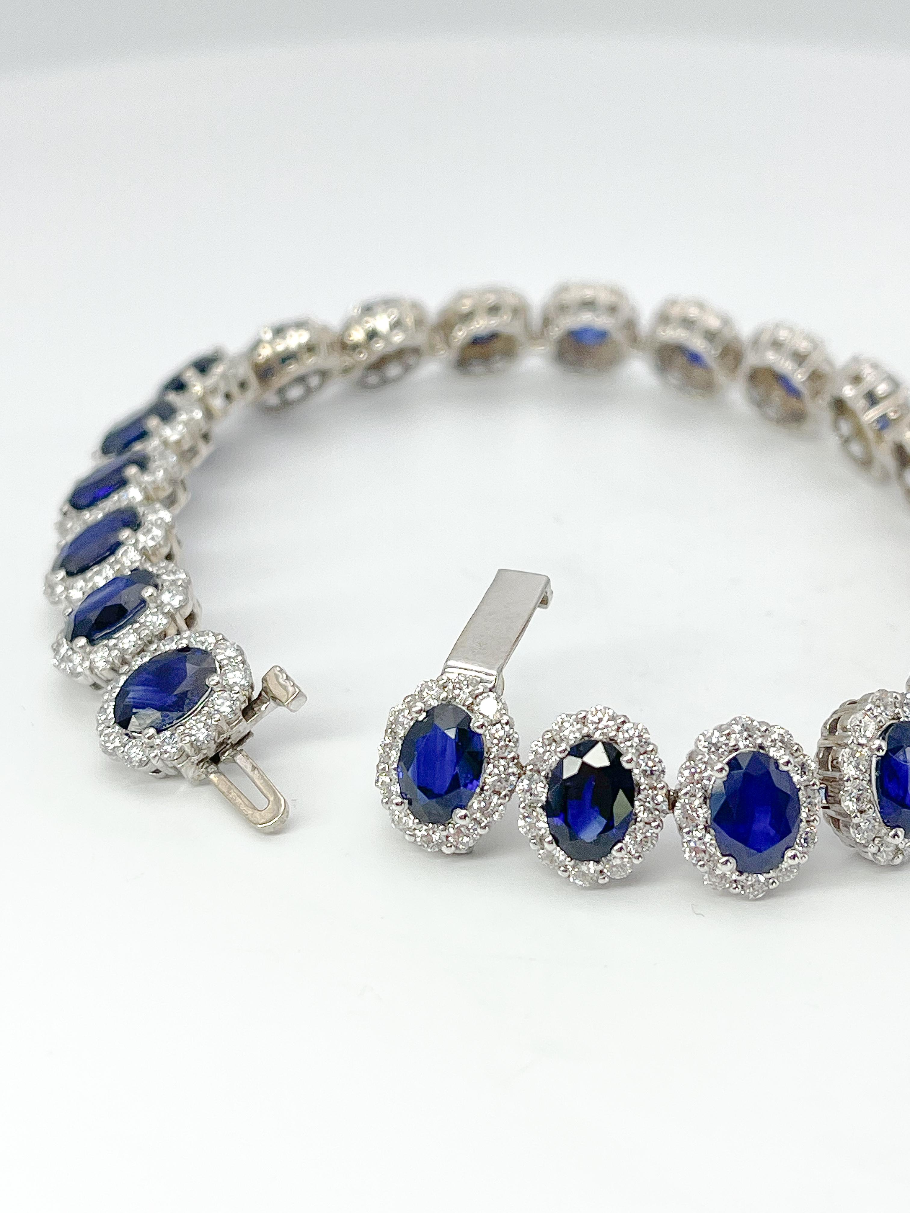 Round Cut 14K WG 22ct Blue Sapphire and 7ct Diamond Halo Bracelet For Sale