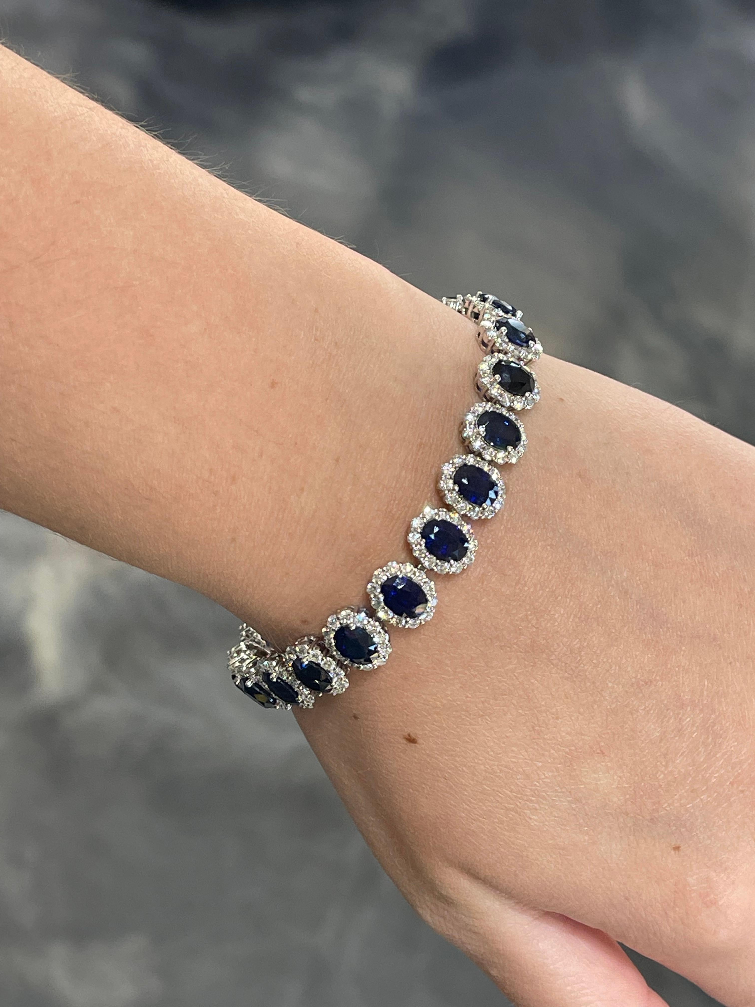 14K WG 22ct Blue Sapphire and 7ct Diamond Halo Bracelet In Excellent Condition For Sale In Stuart, FL