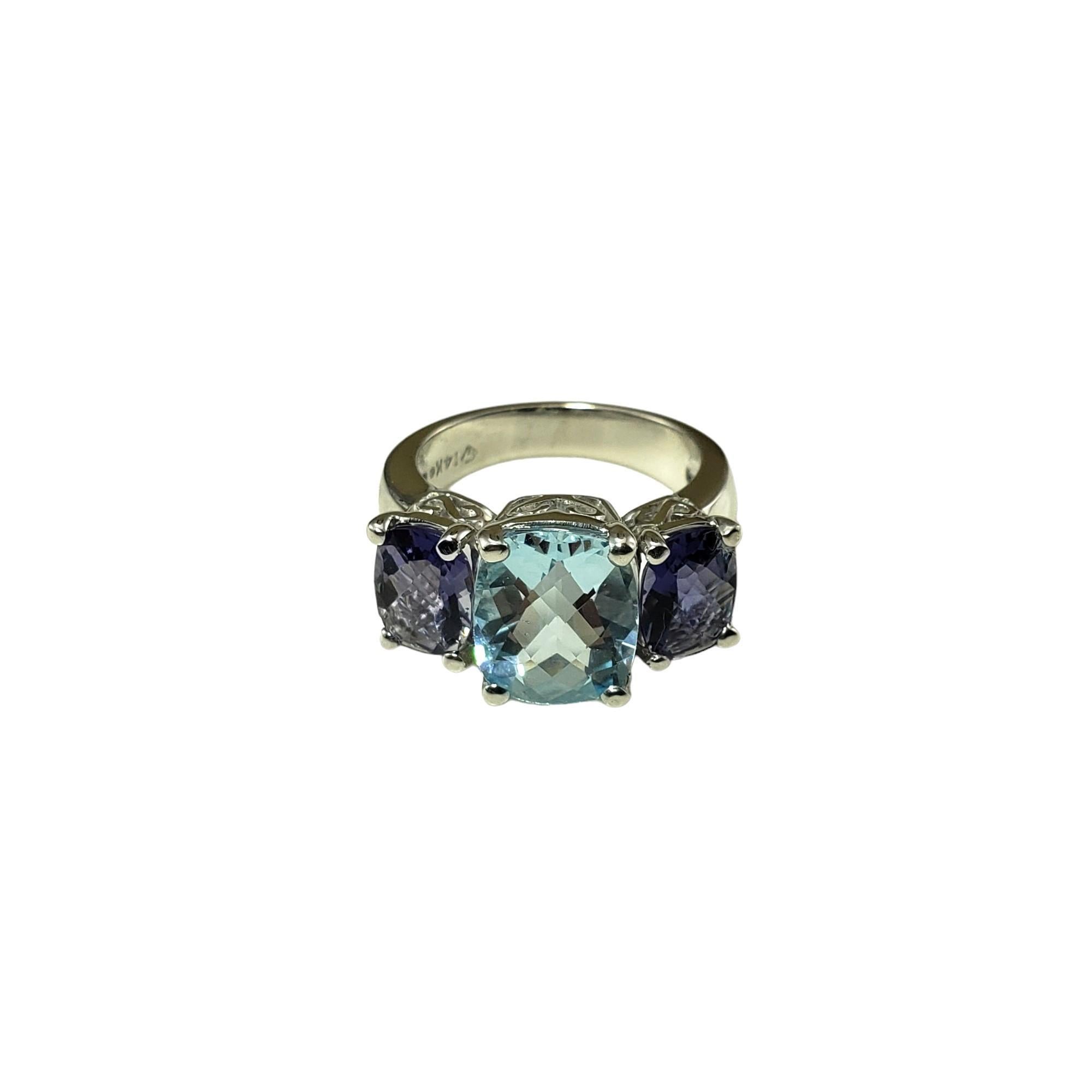 Vintage 14K White Gold Aquamarine and Tanzanite Ring Size 6.5 JAGi Certified-

This elegant ring features one rectangular cushion cut aquamarine and two cushion cut tanzanite stones set in classic 14K white gold.  Width: 11 mm.
Shank: 4