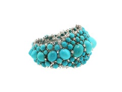 Bracelet jonc en or blanc 14 carats, serti de diamants ronds G VS de 6 carats et de turquoises de 2,8 à 17,3 mm
