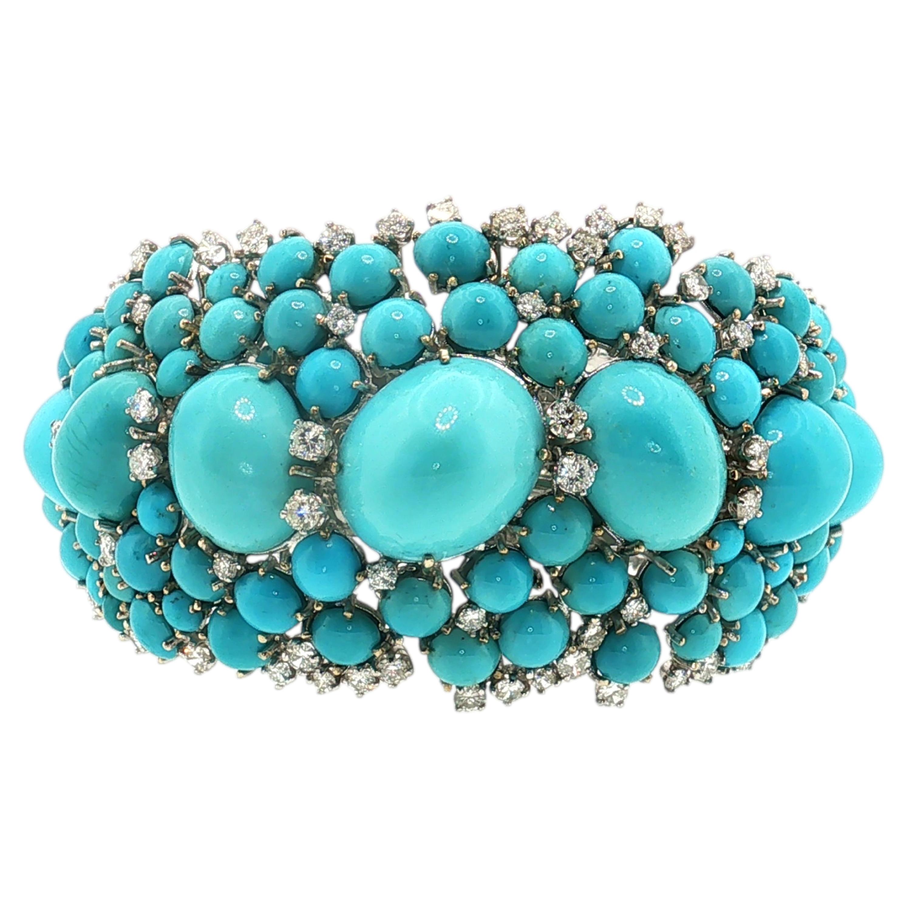 14K WG Bangle Bracelet with 6ct Round G VS Diamonds & 2.8-17.3 MM Turquoise