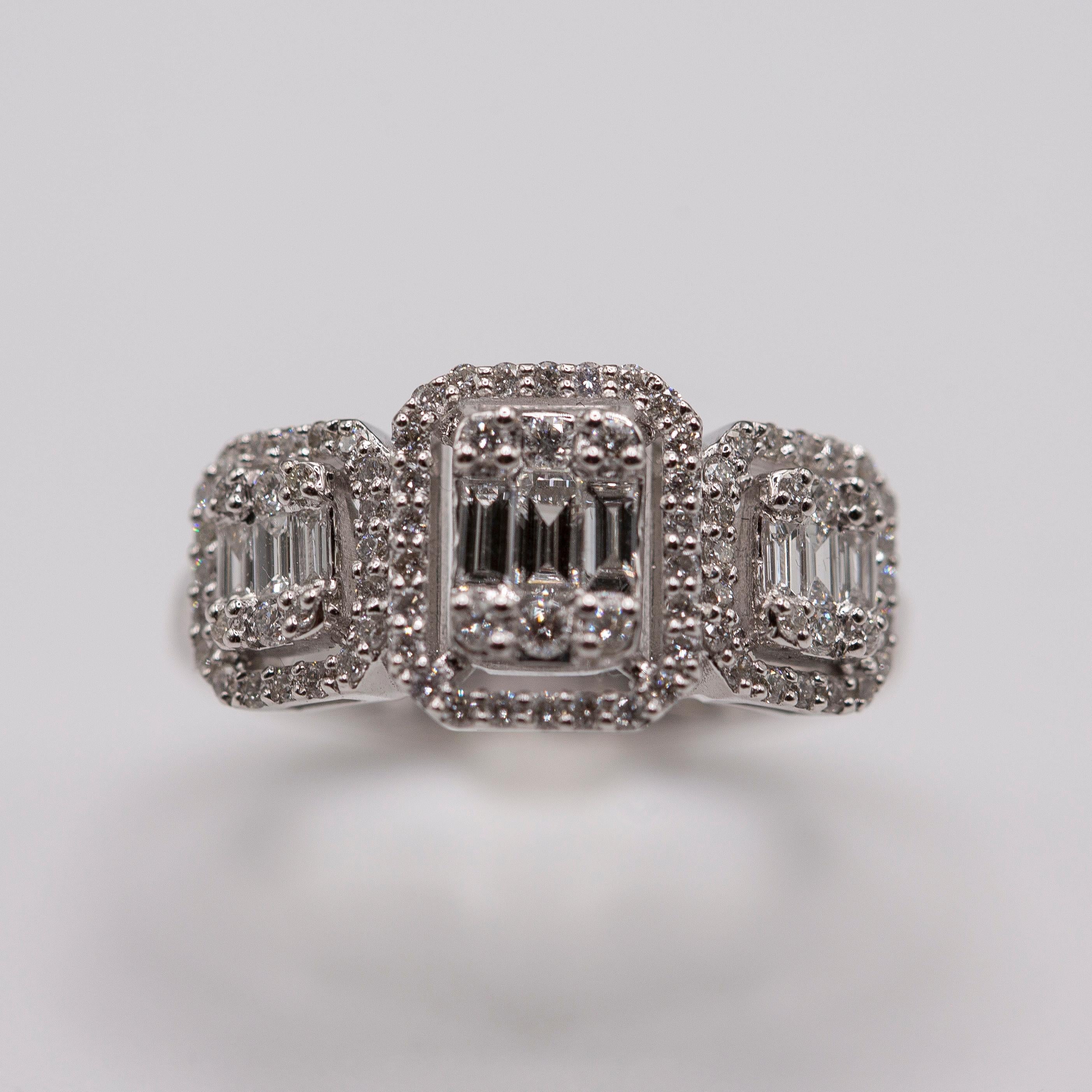 14k white gold channel set diamond ring with baguette diamonds and channel set diamonds.