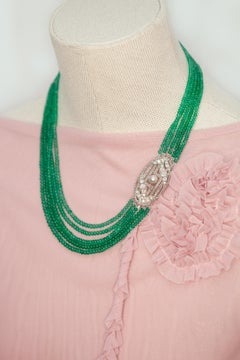 14K WG Diamond and Pearl Clasp 5-Strand Emerald Necklace