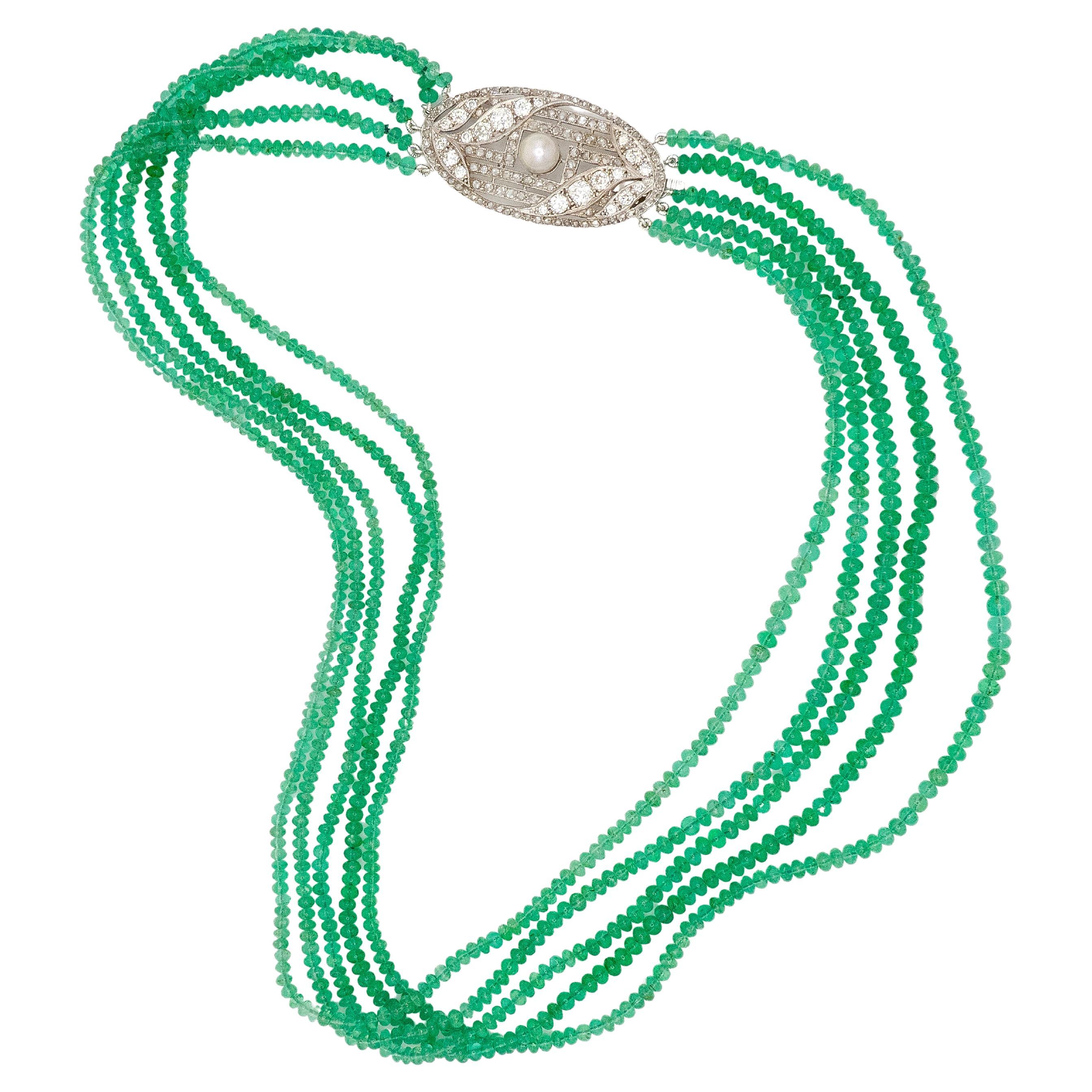 Collier d'émeraudes à 5 brins avec fermoir en diamants et perles 14K WG