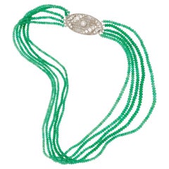 14K WG Diamond and Pearl Clasp 5-Strand Emerald Necklace
