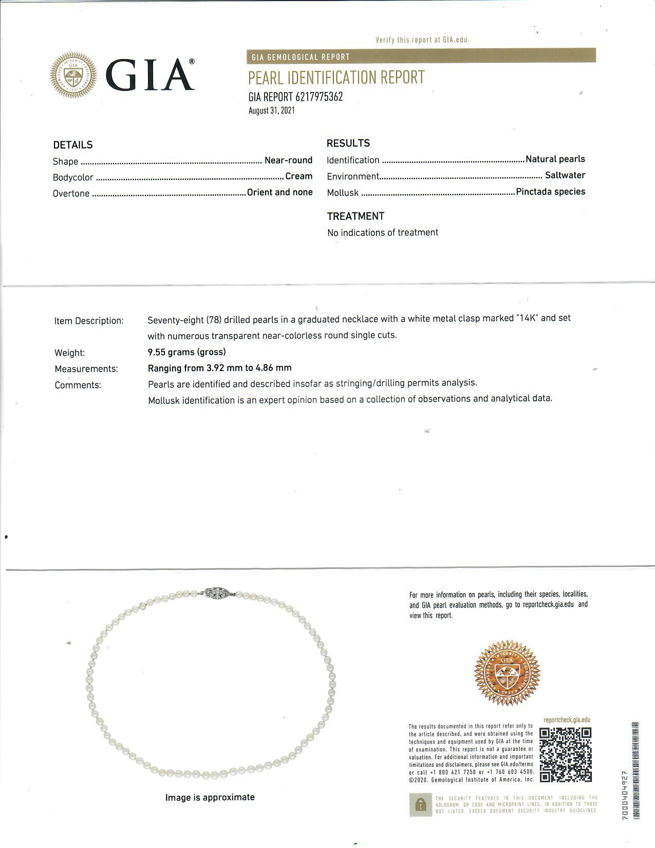 14K WG Diamond GIA Certified Natural Pearl Necklace For Sale 6