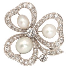 14K White Gold Diamond Pearl Clover Pin Brooch