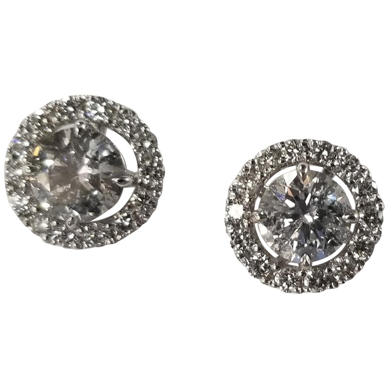14k Gold Diamond Stud Earrings with Diamond Halo-Jackets Total Weight 2.71 Carat