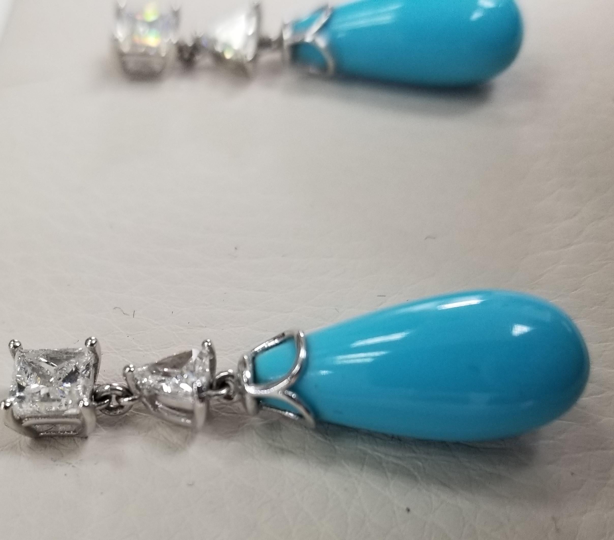 Contemporary 14K wg Princess-Trillion Cut Diamond Sleeping Beauty Turquoise Drop earrings For Sale
