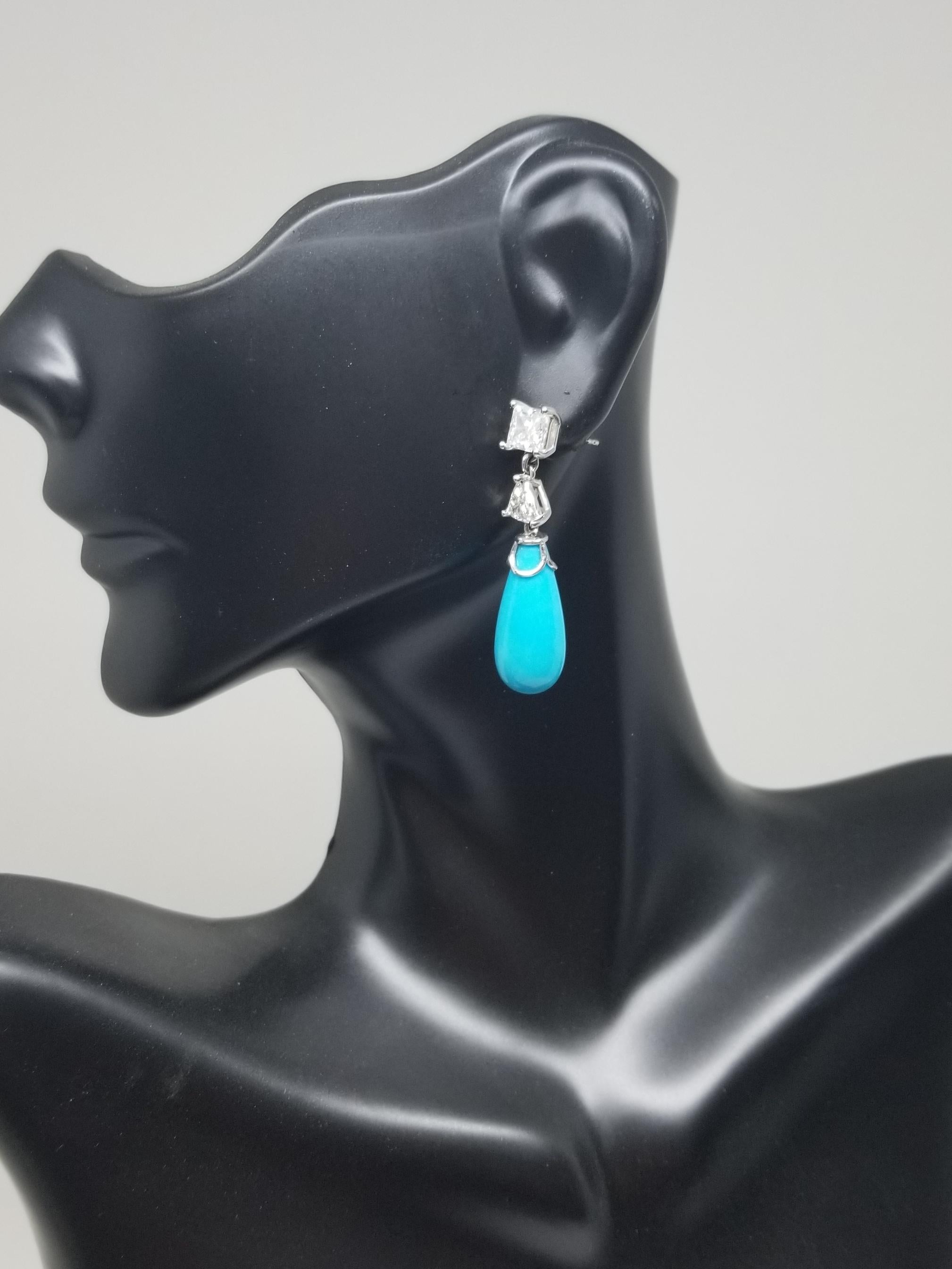 14K wg Princess-Trillion Cut Diamond Sleeping Beauty Turquoise Drop earrings In New Condition For Sale In Los Angeles, CA