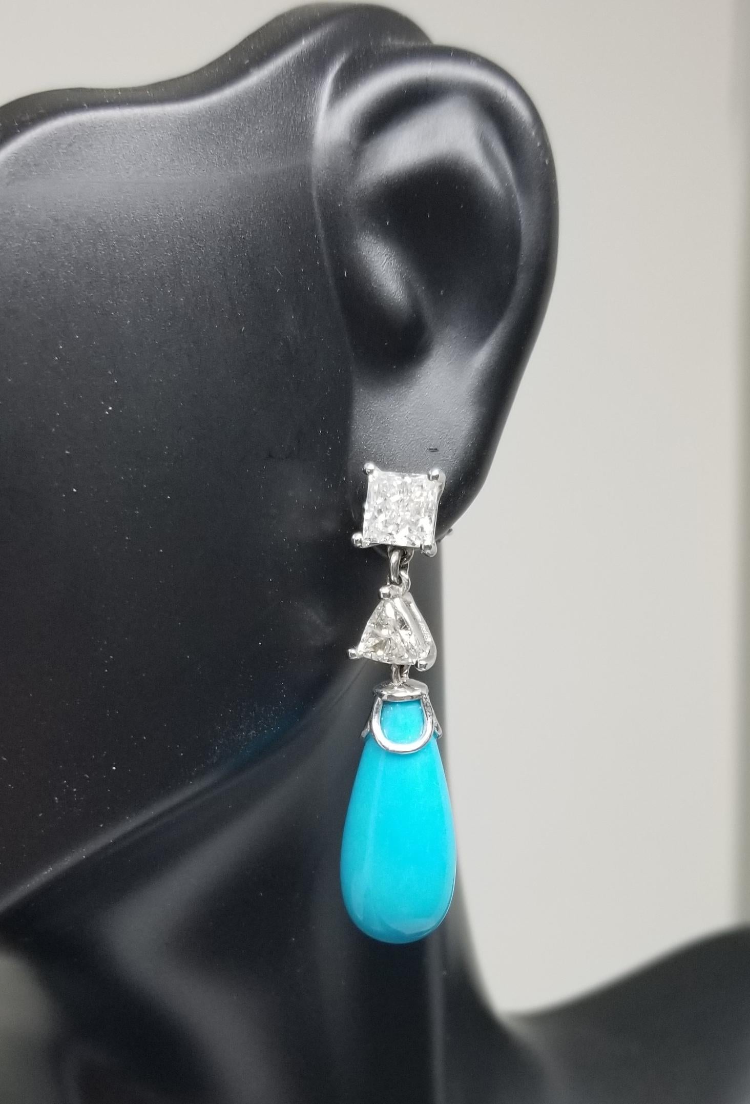 Women's 14K wg Princess-Trillion Cut Diamond Sleeping Beauty Turquoise Drop earrings For Sale