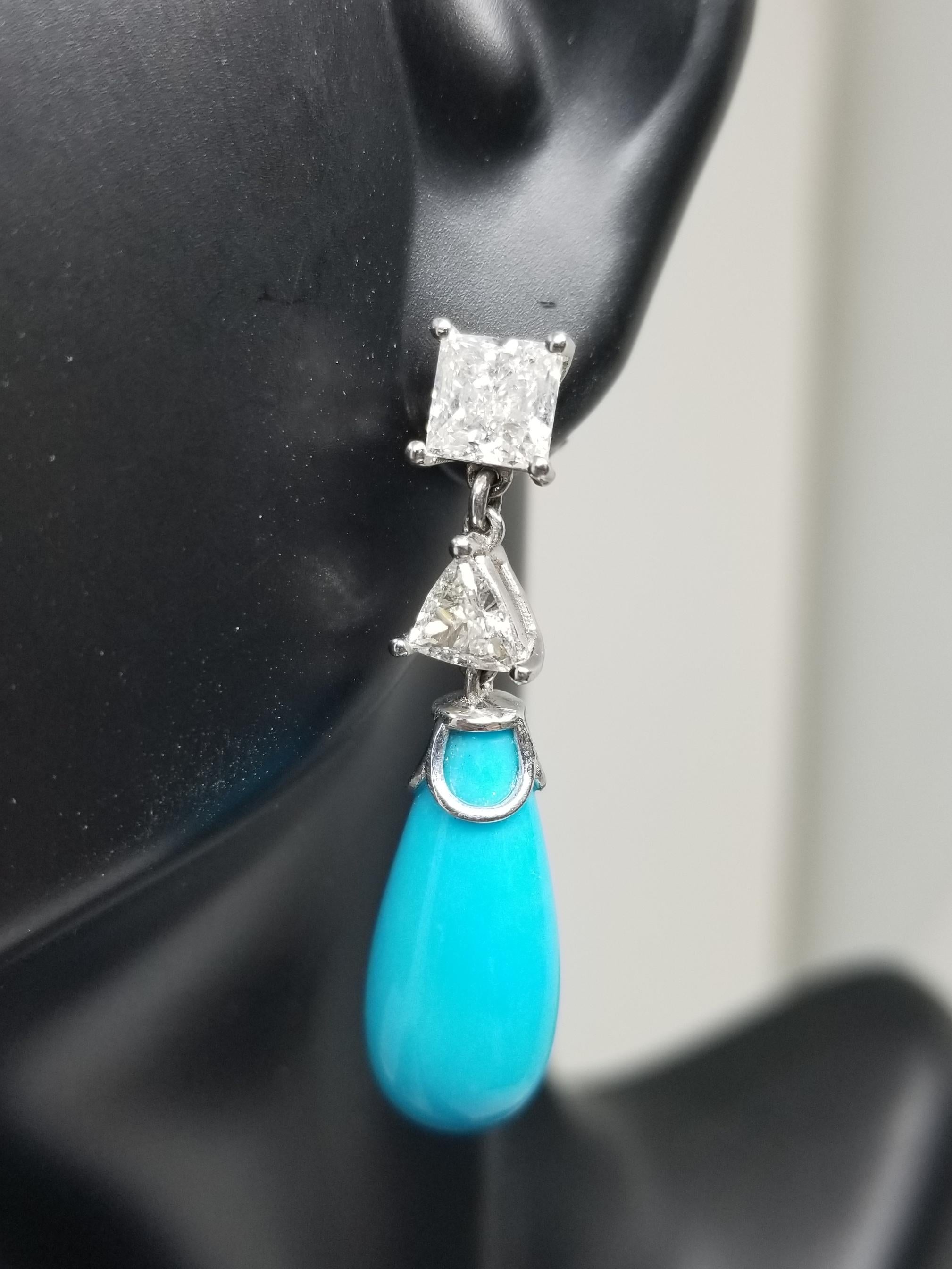 14K wg Princess-Trillion Cut Diamond Sleeping Beauty Turquoise Drop earrings For Sale 1