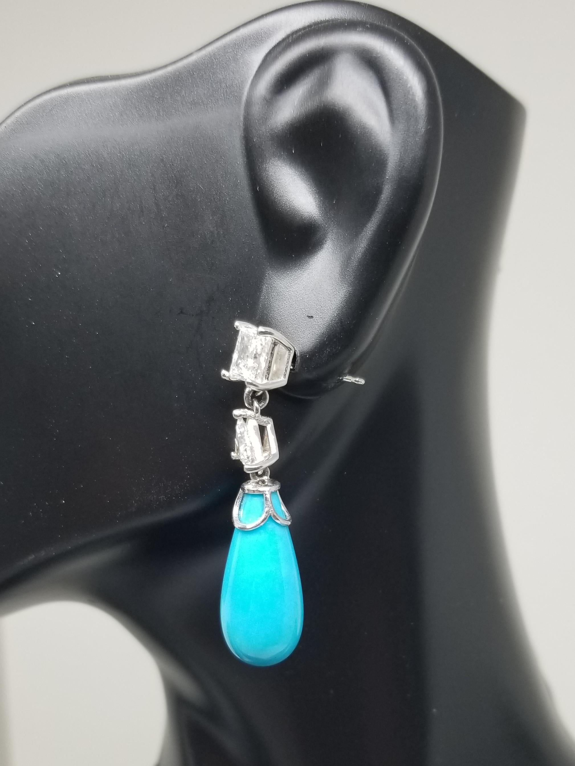 14K wg Princess-Trillion Cut Diamond Sleeping Beauty Turquoise Drop earrings For Sale 2