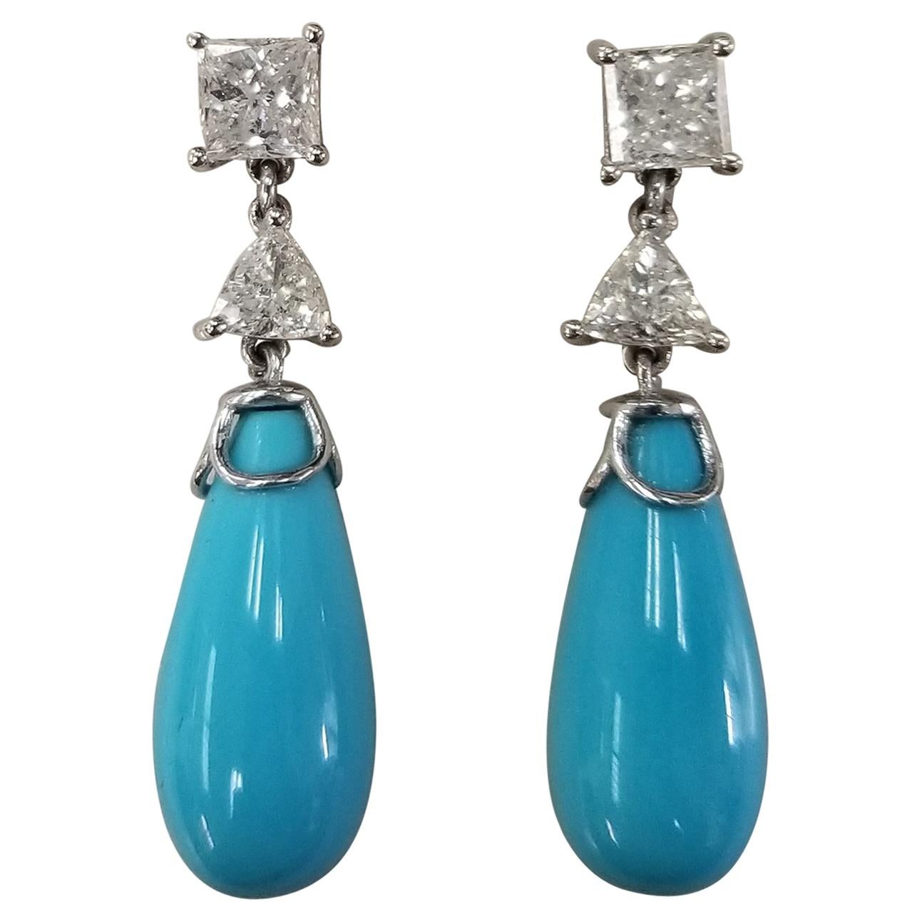 Boucles d'oreilles pendantes 14 carats Princess-Trillion Cut Diamond Sleeping Beauty turquoise