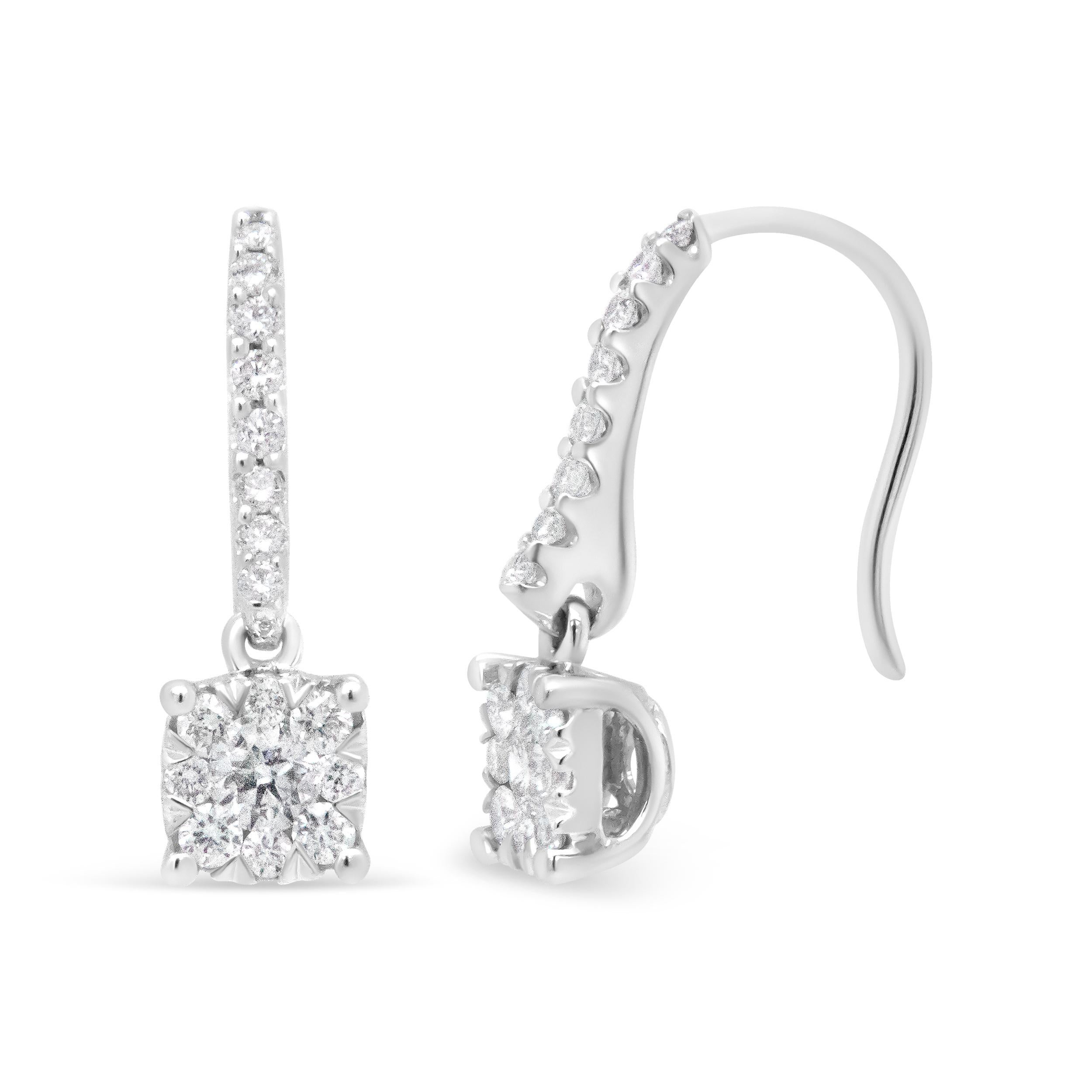 Contemporary 14K White 1/2 Carat Round Diamond Halo Dangle Hook Earrings For Sale