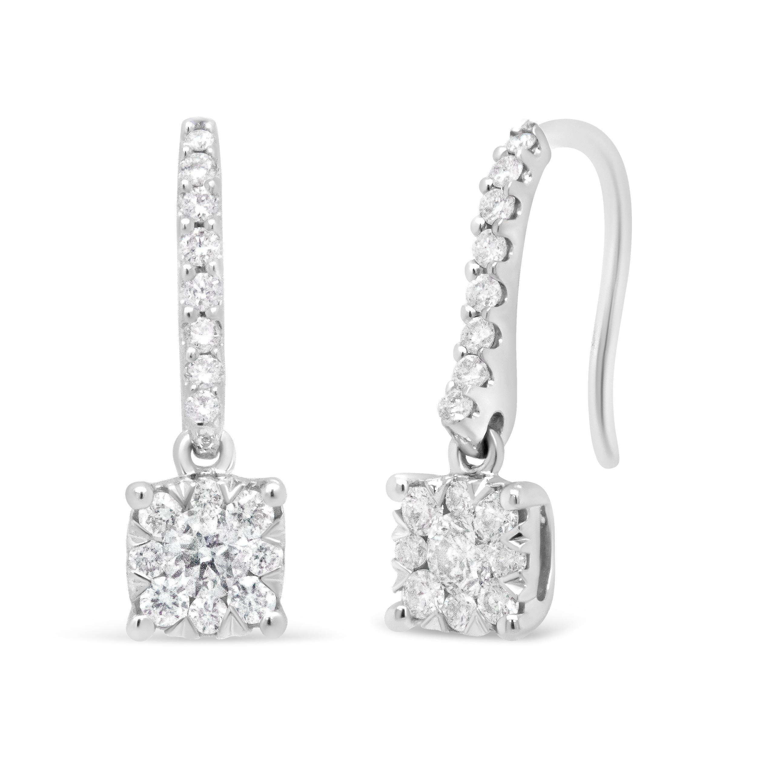 Round Cut 14K White 1/2 Carat Round Diamond Halo Dangle Hook Earrings For Sale