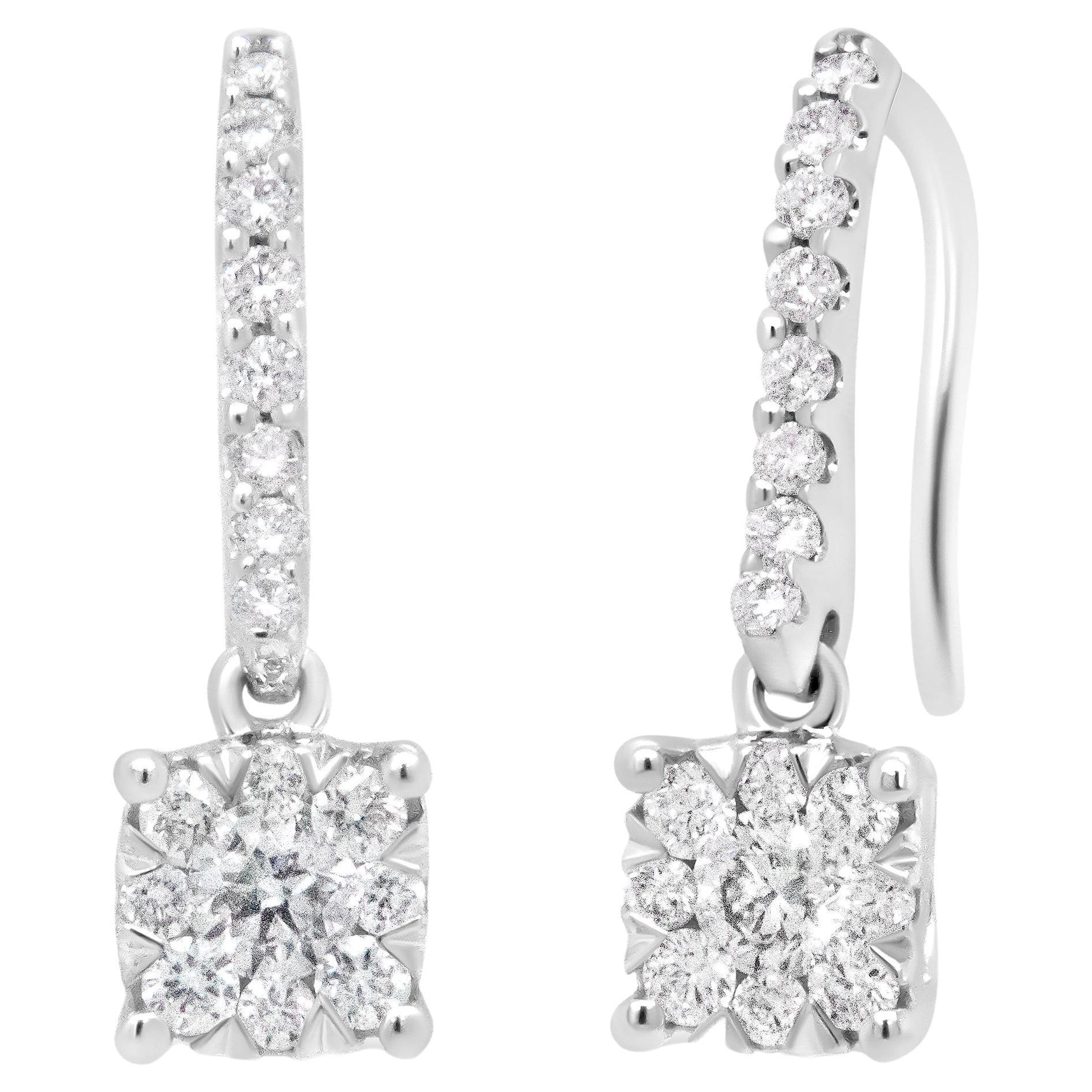 14K White 1/2 Carat Round Diamond Halo Dangle Hook Earrings For Sale