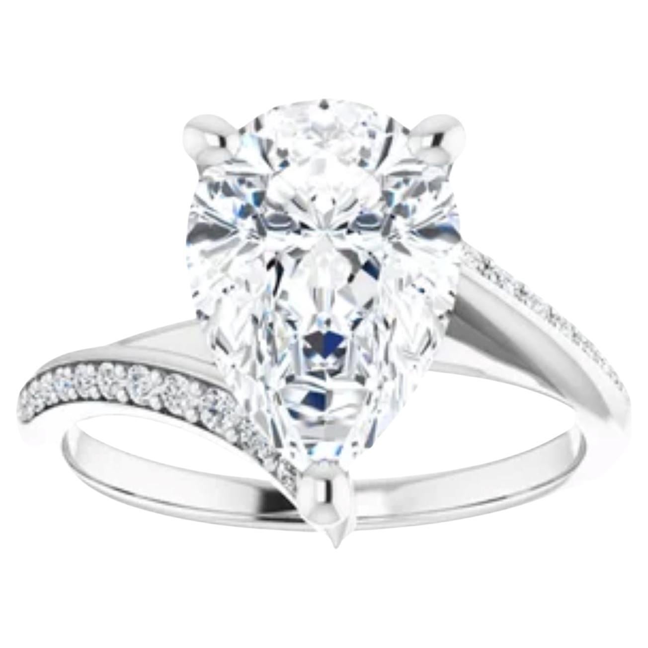 14K White 3 carat Pear Engagement Ring For Sale