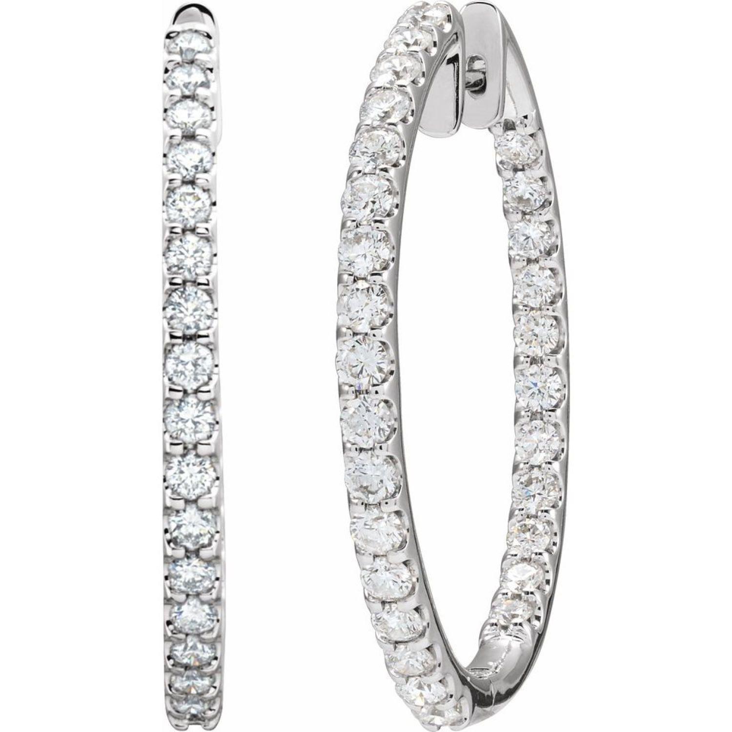 Round Cut 14K White 3 CTW Natural Diamond Inside-Outside 35.3 mm Hoop Earrings For Sale