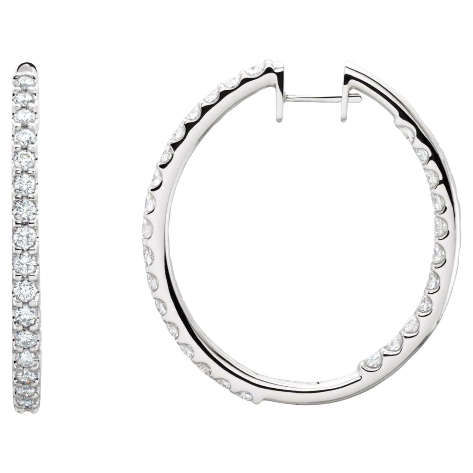 14K White 3 CTW Natural Diamond Inside-Outside 35.3 mm Hoop Earrings For Sale