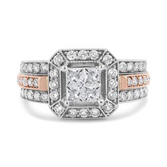14K White and Rose Gold 1 1/8 Carat Diamond Triple Shank Halo Cocktail Ring