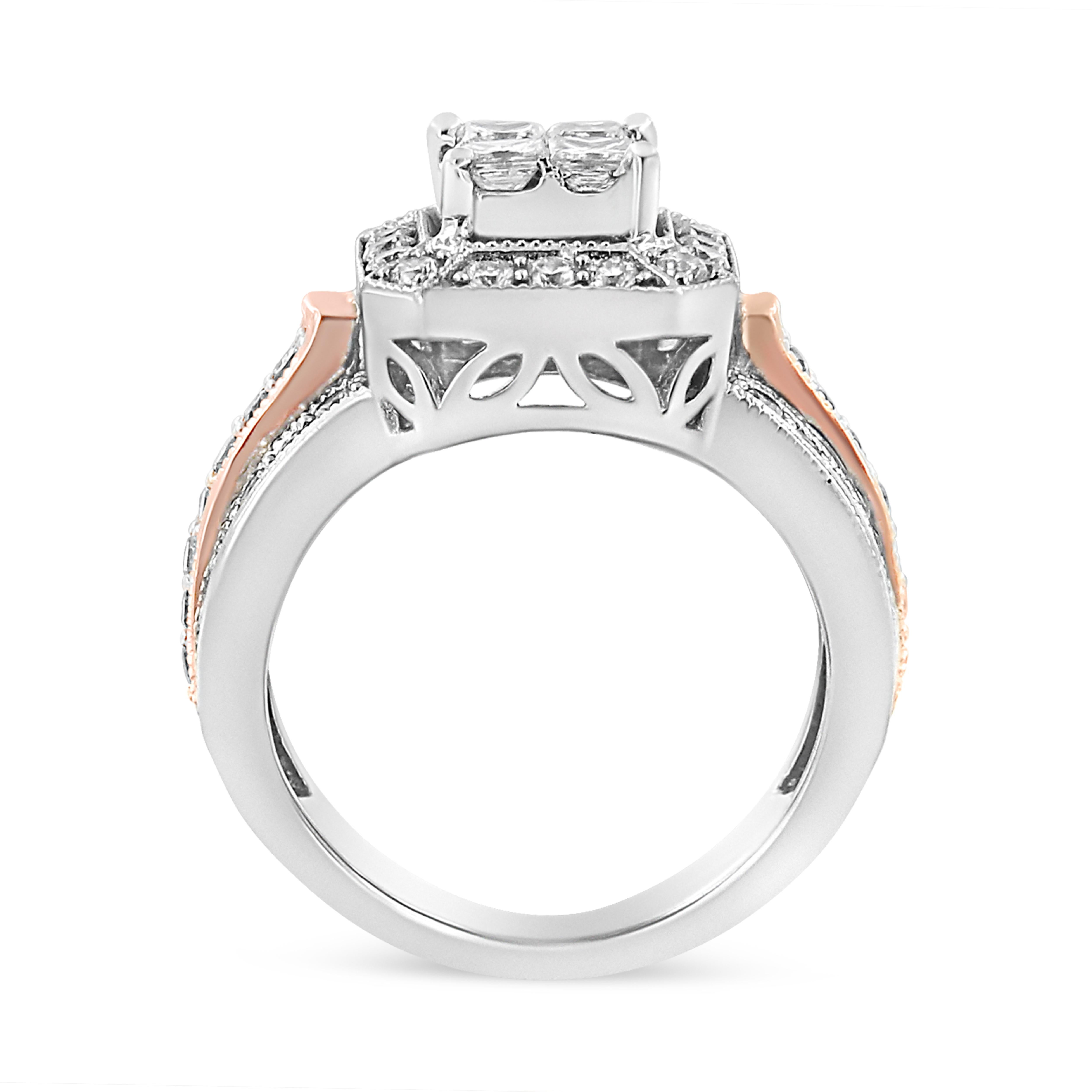 For Sale:  14K White and Rose Gold 1 1/8 Carat Diamond Triple Shank Halo Cocktail Ring 5