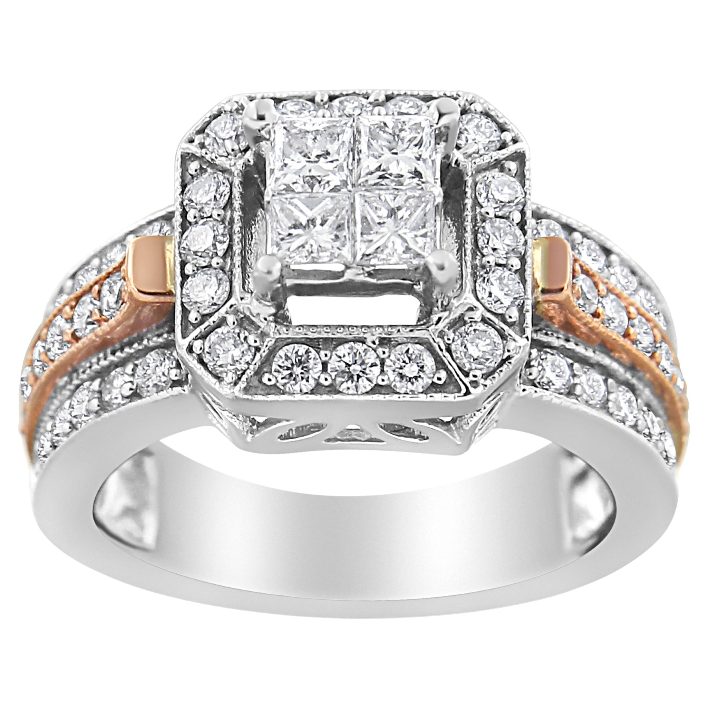 14K White and Rose Gold 1 1/8 Carat Diamond Triple Shank Halo Cocktail Ring